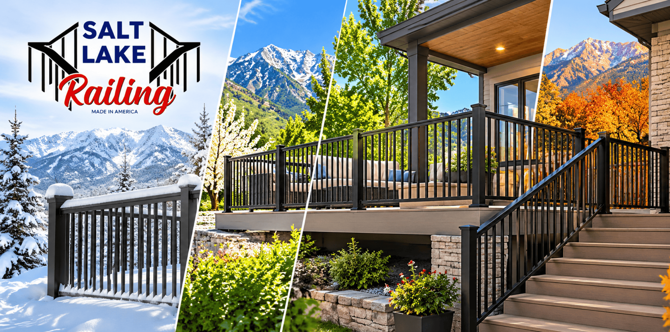 Black aluminum deck and porch railings on a Utah home with the Wasatch Mountains in the background, illustrating the durability and weather resistance of aluminum railings through winter, spring, summer, and fall.